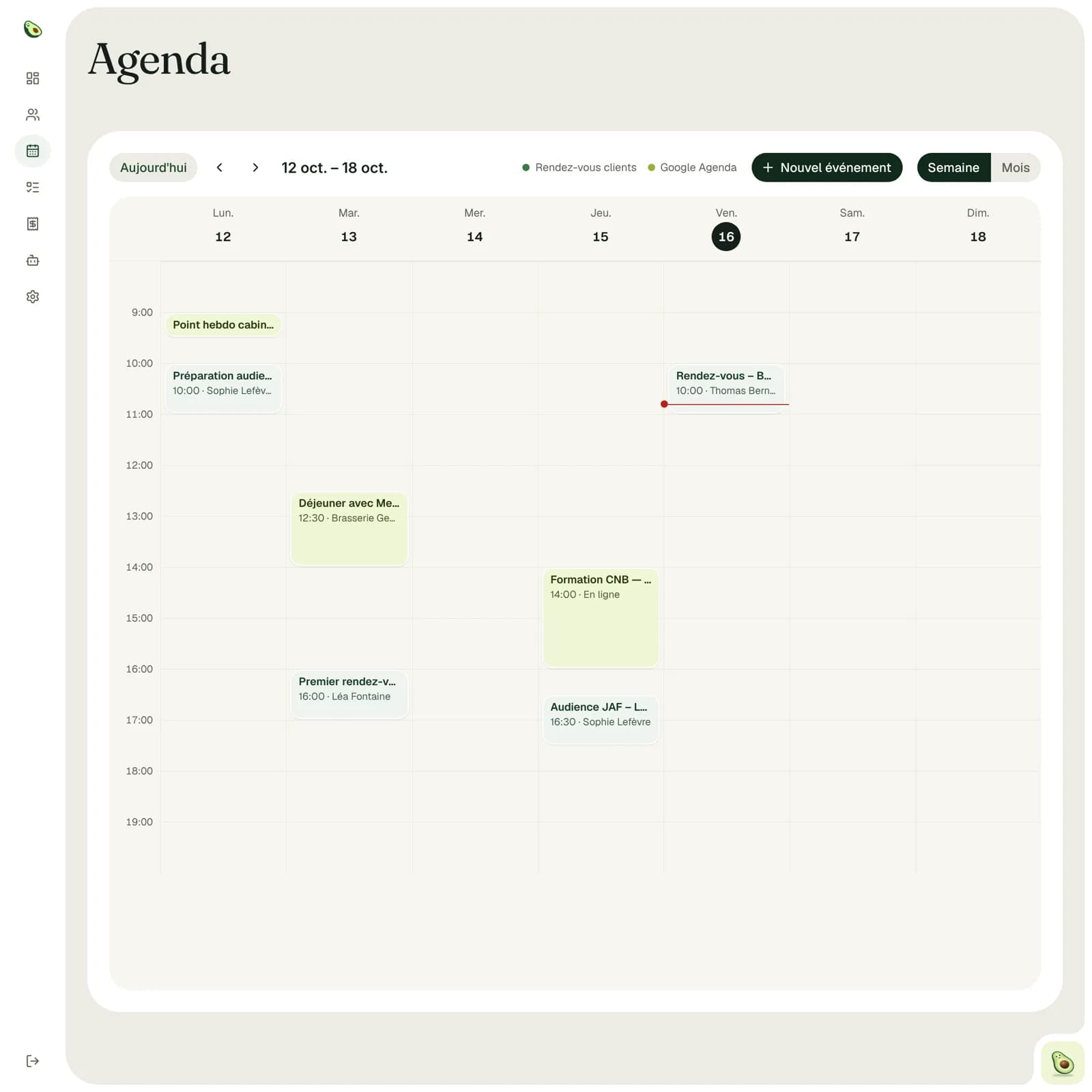La page Agenda : la semaine avec les rendez-vous clients et les événements Google.